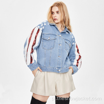 2021 Jesień Nowych Kobiet Cekiny Patchwork Denim Jacket